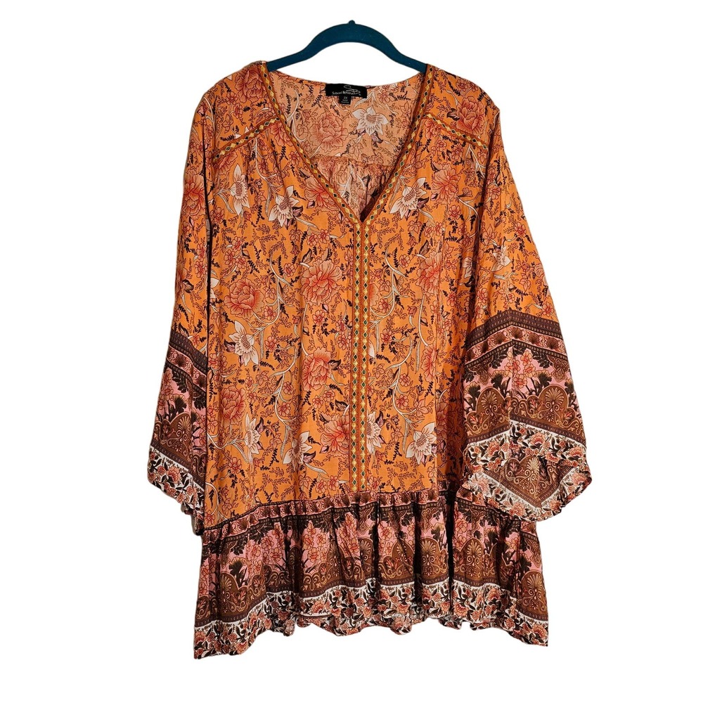 Suzanne betro plus size 3x boho orange floral print Vneck lightweight rayon top